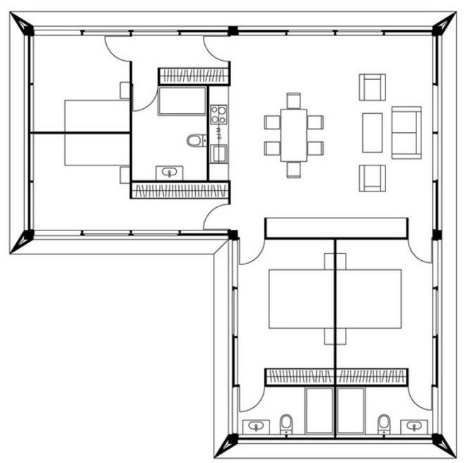 Plano-de-casa-de-4-dormitorios-con-forma-de-L - La Casa de Madera
